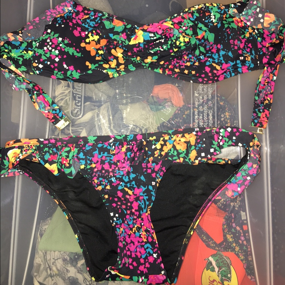 PINK Victoria's Secret Neon Paint-Splash Bikini Set - Black Multi